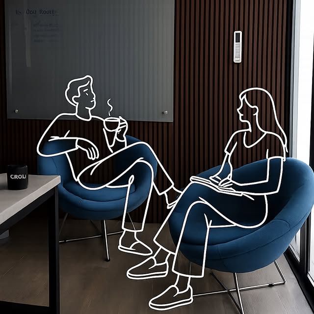 Área de Grou Co con café y ambiente cómodo para conversaciones de trabajo
